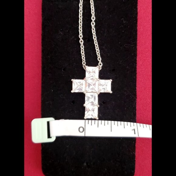 Princess Cut Square White Rhinestones Cross Pendant Necklace - Picture 8 of 9